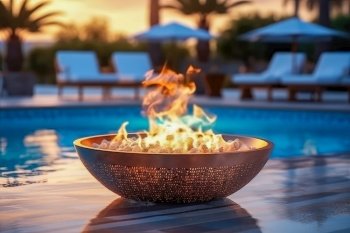 Extravagant round outdoor poolside fire pit, casting a warm and inviting glow, adding an element of luxury and intimacy to sunset experience. Round outdoor fire pit beside the pool at sunset
