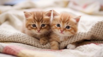 Cute kittens on a blanket on bed. Generative AI