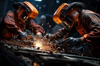 Industrial worker is welding steel products in a factory
