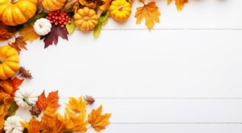 Autumn decor from pumpkins and leaves on a white wooden background. Flat layout autumn theme with copy space