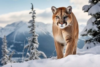 Mountain cougar in a snowy landscape