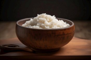 Bowl of rice on a brown and wooden background