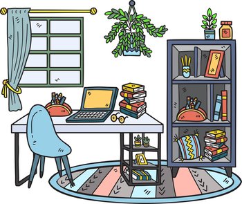Hand Drawn Work desk with bookshelf and window interior room illustration isolated on background
