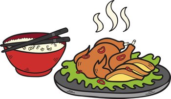 Hand Drawn Rice with Grilled Chicken Chinese and Japanese food illustration isolated on background