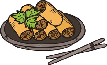 Hand Drawn spring roll Chinese and Japanese food illustration isolated on background