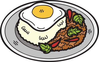Hand Drawn Basil Fried Rice with Fried Egg or Thai food illustration isolated on background