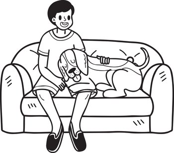 Hand Drawn Beagle Dog with owner and sofa illustration in doodle style isolated on background