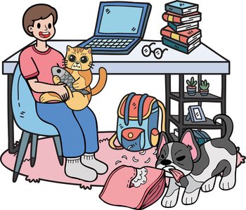 Hand Drawn owner plays with the dogs and cats in the office room illustration in doodle style isolated on background