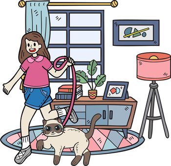 Hand Drawn The owner walks with the cat in the room illustration in doodle style isolated on background