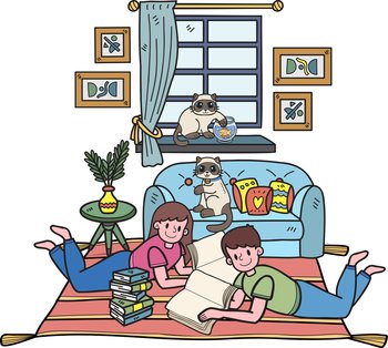Hand Drawn The owner reads a book with the cat in the living room illustration in doodle style isolated on background