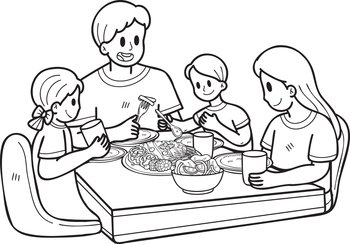 Hand Drawn family eating food on the table illustration in doodle style isolated on background