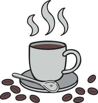Hand Drawn Cup of hot coffee and coffee beans illustration in doodle style isolated on background