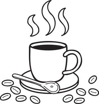 Hand Drawn Cup of hot coffee and coffee beans illustration in doodle style isolated on background