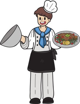 Hand Drawn chef holding food illustration in doodle style isolated on background