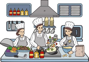 Hand Drawn Chef is cooking in the kitchen illustration in doodle style isolated on background