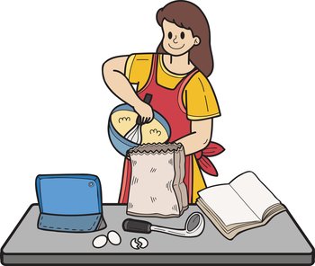 Hand Drawn Woman learning to cook from the internet illustration in doodle style isolated on background