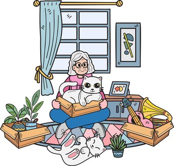 Hand Drawn Elderly holding a cat illustration in doodle style isolated on background