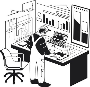 Male engineer supervising construction work illustration in doodle style isolated on background