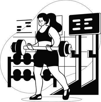 Healthy fitness girl lifting weights in gym illustration in doodle style isolated on background