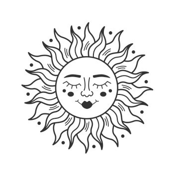 Sun with faces isolated on white background. Sun boho mystical sign for design, logo, tattoo. Bohemian style. Vector stock