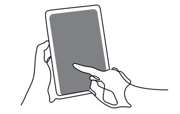 people using tablet and click on touch screen for searching on website or application. Contininuous line drawing with blank for insert a photo