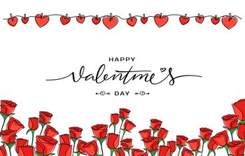 happy valentine’s day background with heart hanging and roses decorated ornament vector illustration