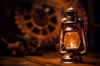 Antique lantern glowing with natural flame light. Generative AI