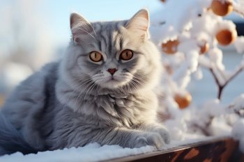 A gray cat sits outdoors in frosty winter. Generative AI