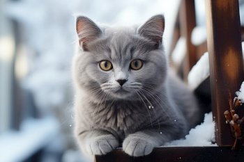 A gray cat sits outdoors in frosty winter. Generative AI