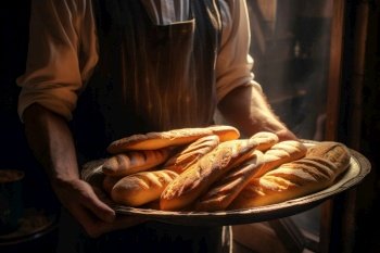 Baker holding a tray full of breads inside a bakery