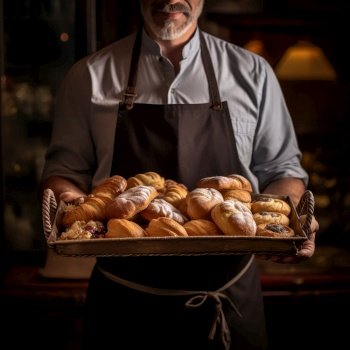 Baker holding a tray full of breads inside a bakery