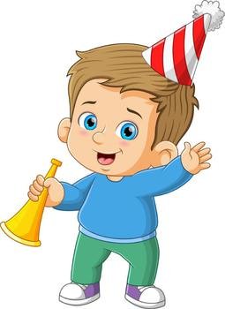 The cute boy is holding and blowing the golden trumpet in the new year's day 