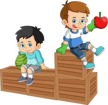 Two boys sitting on top of a fruit crate holding fresh watermelon and apple fruits of illustration