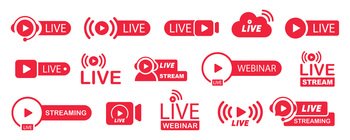 Live stream icon set. Live streaming video broadcast. Play video button collection. Watch online stream, webinar, news and tv show. Vector illustration.. Live stream icon set. Live streaming video broadcast. Play video button collection.