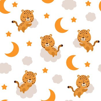 Cute little cheetah sleeping on cloud seamless childish pattern. Funny cartoon animal character for fabric, wrapping, textile, wallpaper, apparel. Vector illustration
