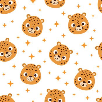 Cute little cheetah head seamless childish pattern. Funny cartoon animal character for fabric, wrapping, textile, wallpaper, apparel. Vector illustration