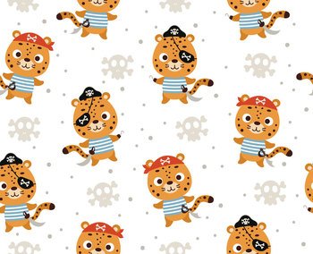 Cute little pirate cheetah seamless childish pattern. Funny cartoon animal character for fabric, wrapping, textile, wallpaper, apparel. Vector illustration