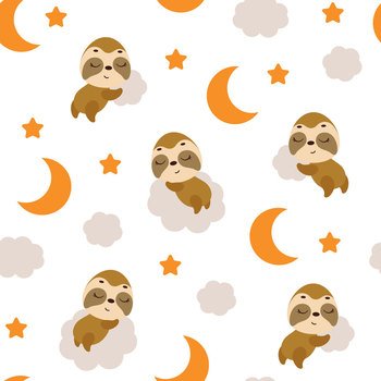 Cute little sloth sleeping on cloud seamless childish pattern. Funny cartoon animal character for fabric, wrapping, textile, wallpaper, apparel. Vector illustration