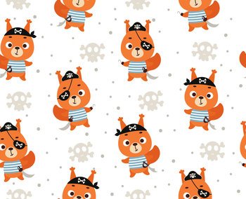 Cute little pirate squirrel seamless childish pattern. Funny cartoon animal character for fabric, wrapping, textile, wallpaper, apparel. Vector illustration