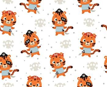 Cute little pirate tiger seamless childish pattern. Funny cartoon animal character for fabric, wrapping, textile, wallpaper, apparel. Vector illustration