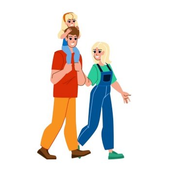 family outing vector. happy father, nature mother, girl daughter, child outdoor, holiday lifestyle family outing character. people flat cartoon illustration. family outing vector