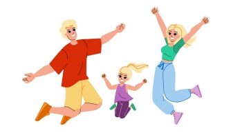 family jumping vector. happy father, together child, mother daughter, fun kid, lifestyle girl, young parent family jumping character. people flat cartoon illustration. family jumping vector
