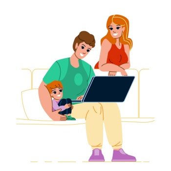 family laptop vector. home man woman, computer together, children internet, boy online family laptop character. people flat cartoon illustration. family laptop vector