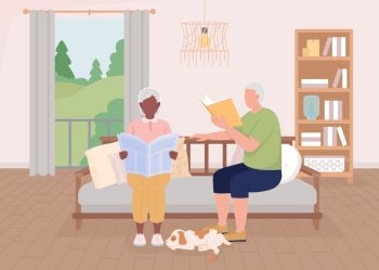 Senior couple reading at home flat color vector illustration. Wife and husband resting on sofa. Domestic lifestyle. Fully editable 2D simple cartoon characters with living room on background. Senior couple reading at home flat color vector illustration