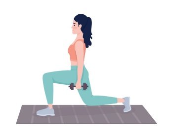 Sportswoman showing dynamic lunges semi flat color vector character. Editable figure. Full body person on white. Exercises simple cartoon style illustration for web graphic design and animation. Sportswoman showing dynamic lunges semi flat color vector character