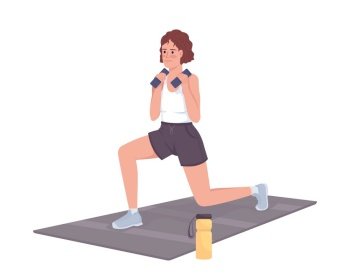 Lady exercising with dumbbells semi flat color vector character. Editable figure. Full body person on white. Training simple cartoon style illustration for web graphic design and animation. Lady exercising with dumbbells semi flat color vector character