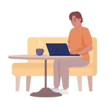 Man working remotely on laptop from coffeehouse semi flat color vector character. Editable figure. Full body person on white. Simple cartoon style illustration for web graphic design and animation. Man working remotely on laptop from coffeehouse semi flat color vector character