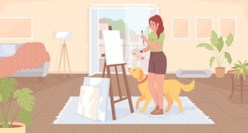 Making art at home flat color vector illustration. Inspired girl with golden retriever painting on easel. Fully editable 2D simple cartoon character with balcony and living room interior on background. Making art at home flat color vector illustration