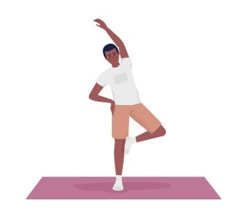 Young man stretching arm and standing on yoga mat semi flat color vector character. Editable figure. Full body person on white. Simple cartoon style illustration for web graphic design and animation. Young man stretching arm and standing on yoga mat semi flat color vector character