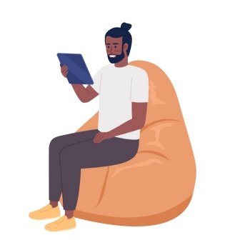 Happy man with tablet sitting on beanbag chair semi flat color vector character. Editable figure. Full body person on white. Simple cartoon style illustration for web graphic design and animation. Happy man with tablet sitting on beanbag chair semi flat color vector character